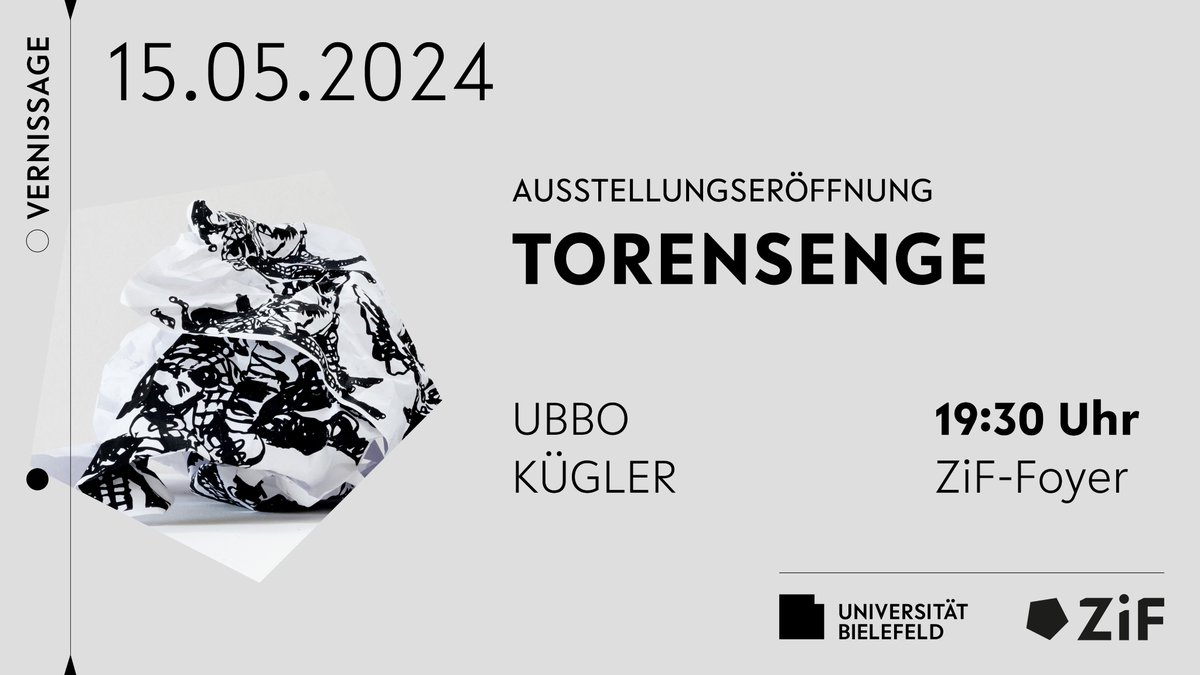 ‼️Morgen, 19.30 Uhr <a href="/ZiF_Bi/">ZiF</a> 👇
Vernissage der Ausstellung "Torensenge" von Übbo Kügler (Düsseldorf/Hamburg): uni-bielefeld.de/einrichtungen/…