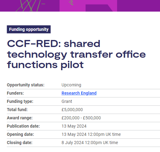 Opportunity for universities with smaller research portfolios and partners to apply for funding to develop models for shared technology transfer office functions around university spinouts. More details: orlo.uk/klb3L Open until 8 July.