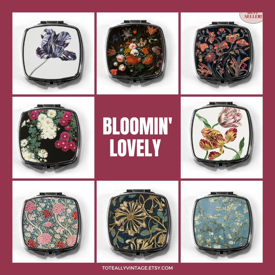Today's word is FLOWERS and I hope you love these vintage flower prints on my modern compact mirrors, from William Morris and beyond. 
From £12.99 plus postage. See them here: bit.ly/3sZ2wKT

#MHHSBD #flowers #ukmakers #TuesdayFeeling #giftsforher #etsyfinds #beautytool