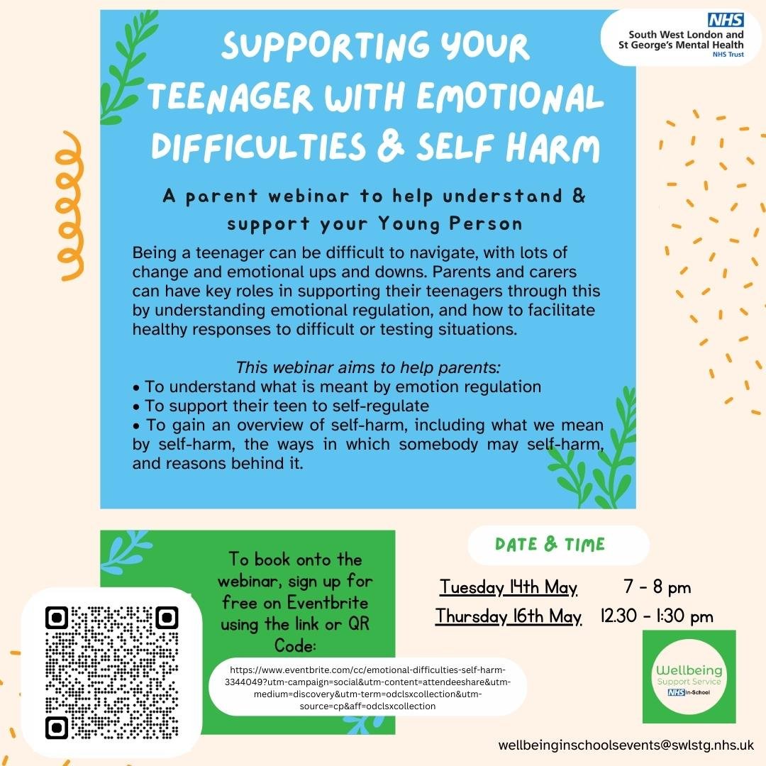 FREE supporting your Teenager with emotional difficulties and self harm webinar. Scan the QR to book via Eventbrite #supportingwellbeing @tootingnewsie