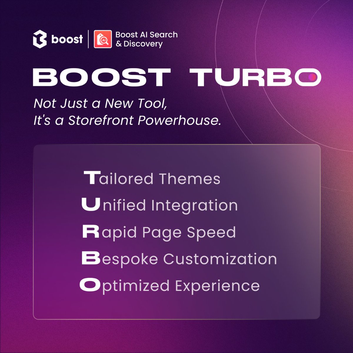 _BoostCommerce_'s tweet image. TURBO isn't just a new name - it's here to supercharge your user experience with much faster performance and a sleek interface.
Can you decode what TURBO means?
Discover more: bit.ly/go-BoostTURBO