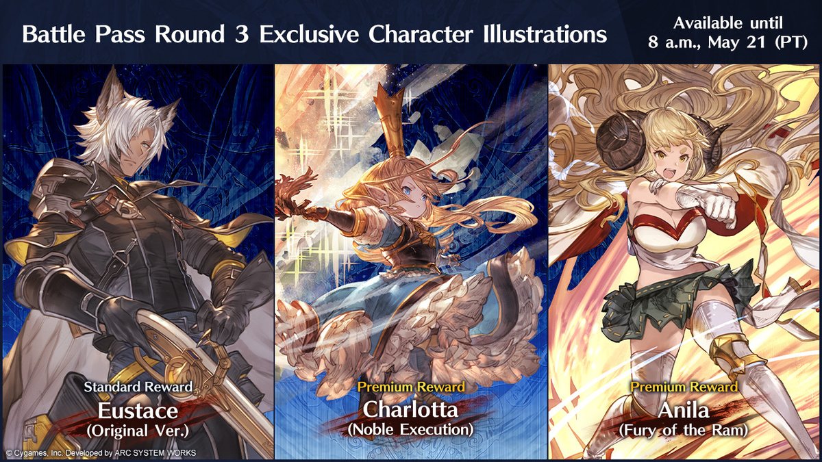 Earn various character illustrations that can be used on the character select screen through Battle Pass Round 3 and Premium Battle Pass Round 3—including illustrations from the original Granblue Fantasy mobile game! ⏰ #GBVSR Battle Pass Round 3 concludes 8 a.m., May 21 (PT)!