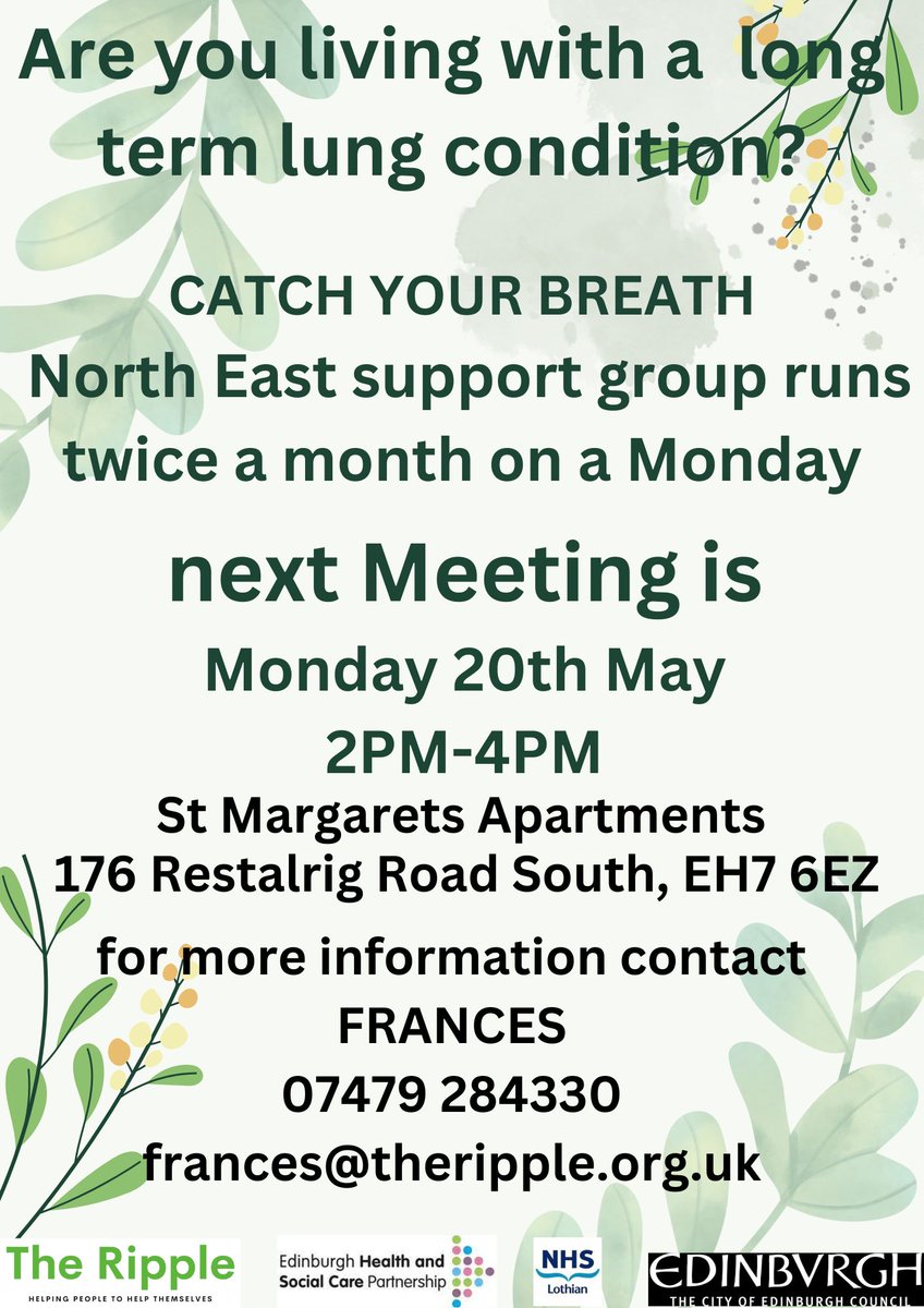 Next group session for Catch your Breath is on Monday 20th May for people living with a long term lung condition. We will be joined by a member from Edinburgh Leisure to find out about facilities available.