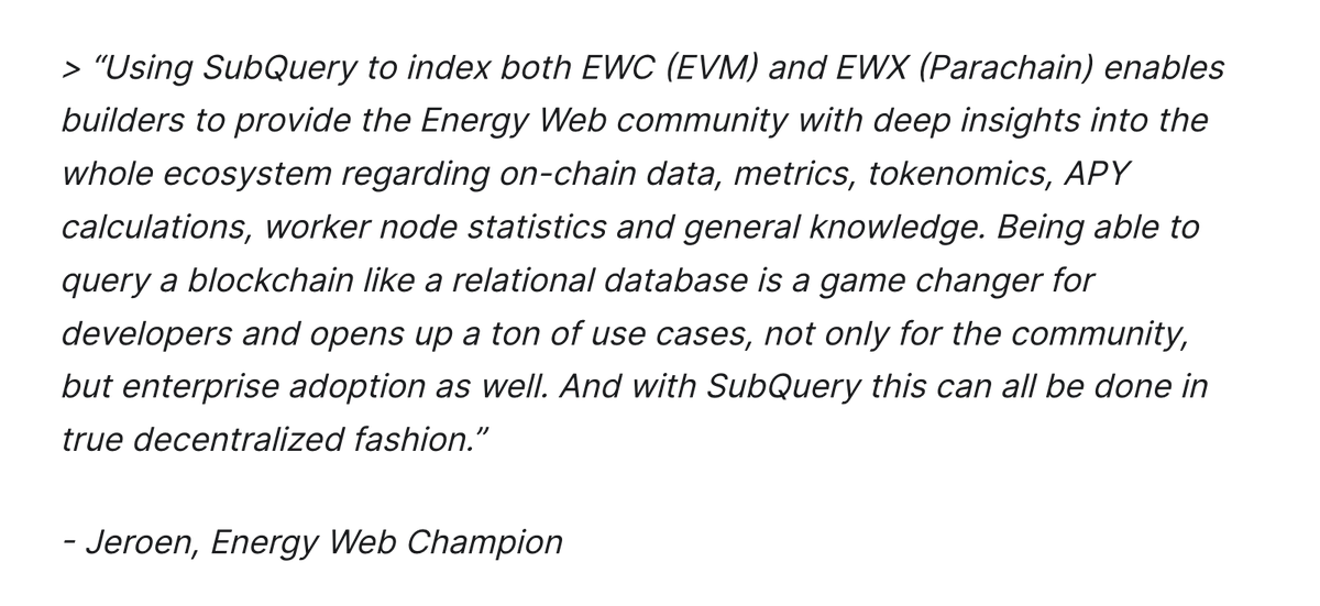 Couldn't be more happy with this collaboration! @energywebx 🤝 @SubQueryNetwork Many thanks to the team of SubQuery and Energy Web for making this happen! Great achievement supporting BOTH chains, EWC and EWX! #LetsBuild! Powered by 💜 $EWT 🩷 $SQT Secured by @Polkadot ⭕️