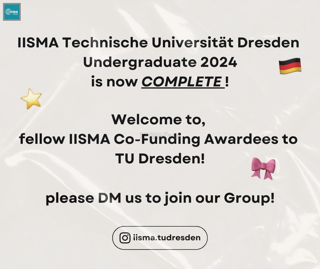Welcome to Dresden, temen-temen Awardees IISMA! Co-Funding to TU Dresden!😆🎊

jangan lupa buat dm iisma tudresden di Instagram yaa buat join group kita!🫶🇩🇪