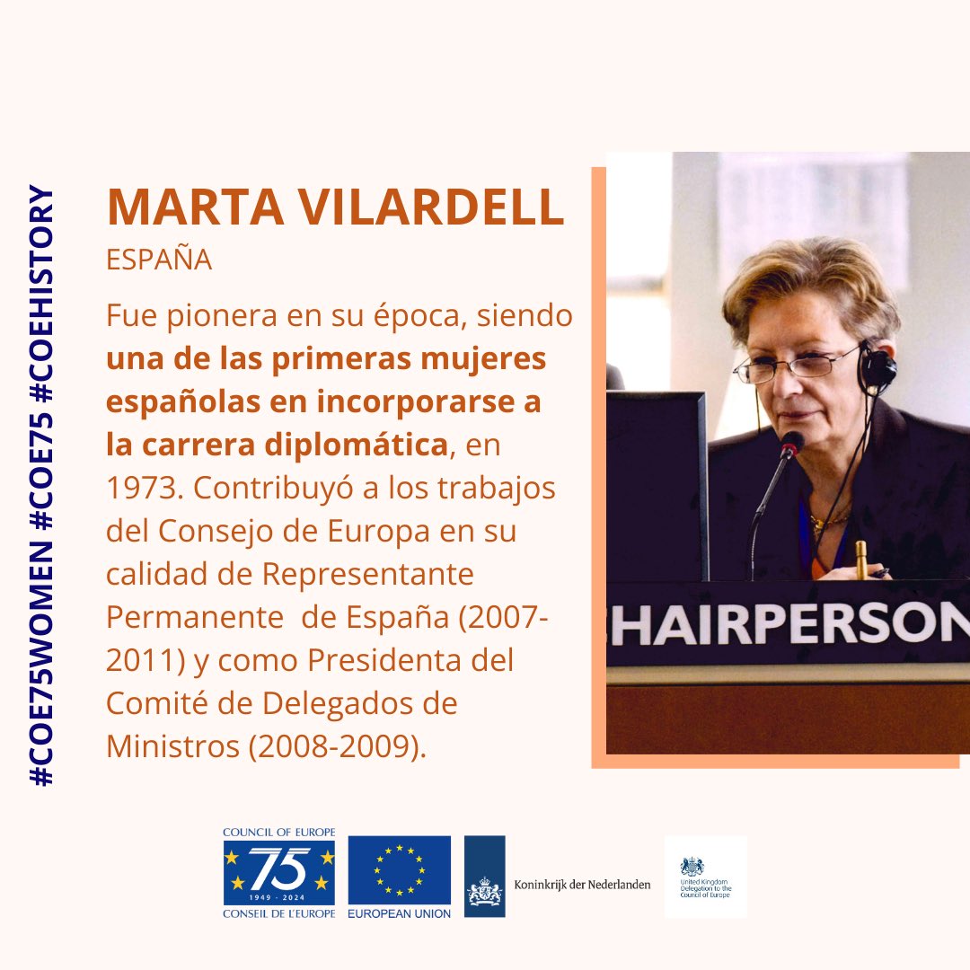 En el marco de la campaña «75 mujeres en 75 años de historia del #ConsejoDeEuropa», @SpainCoE ha propuesto a la Embajadora Marta Vilardell, que contribuyó a la labor del @coe_esp durante la Presidencia española del Comité de Ministros.

 #CoE75Women #CoE75
⬇️