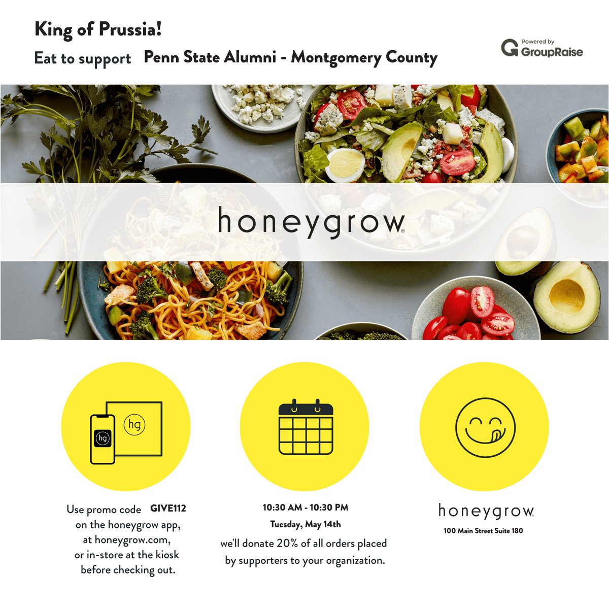 PSUMontCo's tweet photo. Forgot to make lunch plans?  Order from Honeygrow KOP and 20% of your order will be donated to our scholarship fund.  Use code GIVE112 when ordering.  Dine-in, take-out, or delivery (through Honeygrow app) all count! #groupraise #pennstate https://t.co/FmGVOUsYyQ