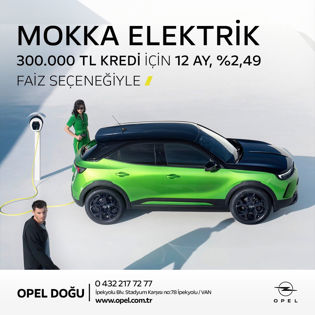 Yepyeni #OpelMokka Elektrik, şimdi 300.000 TL kredi için 12 ay boyunca %2,49 faiz oranıyla sizlerle! Çevre dostu ve şık bir sürüş deneyimi için hemen keşfedin. 

#OpelDoğu #OpelVan #Opel #Mokka #ElektrikliAraç #KrediFırsatı