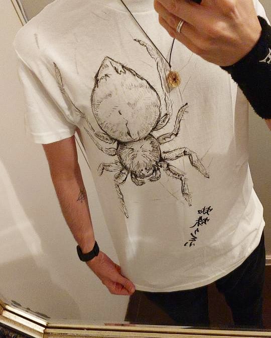 Our meme contest winner Luiz received their custom shirt by Kotomi Yoshida! The featured arachnid is Eriophora edax (Blackwall, 1863). For more arachnid art content, follow the amazing @ colorado_yakumo on Instagram 🕷🕸