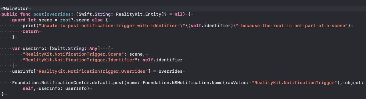 RealityKit에서 rcproject이 Swift Autogenerated File로 변환되면 사진처럼 post method가 생기는데, RealityFoundation.InteractionNotificationsManager라는 SwiftObject가 수신하는 원리네

이딴거 하지 말고 RealityKit 공부에 집중해야지…