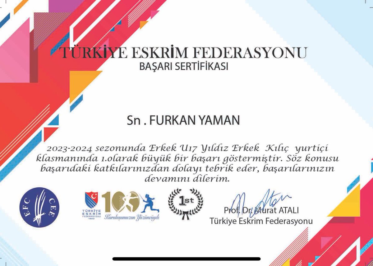 🎯🎯Öğrencimiz Furkan YAMAN Türkiye klasmanında tüm maçları kazanarak 2023-2024 Türkiye Eskrim Sezonu’nun klasman birincisi olmuştur. Milli takımımızı ve öğrencimizi tebrik eder başarılarının devamını dileriz.❤️💙 #heranımbahcesehir