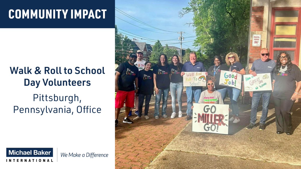 Michael Baker International colleagues recently visited Pittsburgh Miller PreK-5 Academy to celebrate students as they arrived at school as part of 'Walk & Roll to School Day.' #CommunityService #WolfPackPride