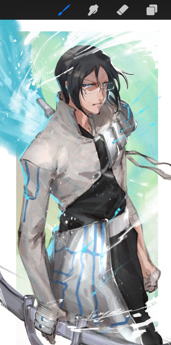 solo blue eyes black hair 1boy holding male focus weapon  illustration images