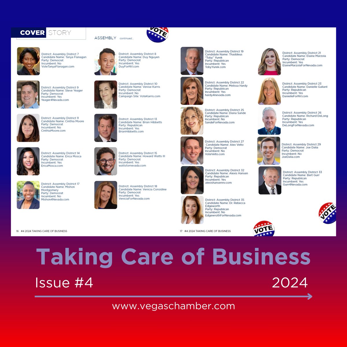 Check out Issue #4 of Taking Care of Business to see the full list of Vegas Chamber endorsed candidates. Reminder: Early #Voting is May 25-June 7 Primary #Election Day is June 11 Read more: issuu.com/vegaschamber/d…