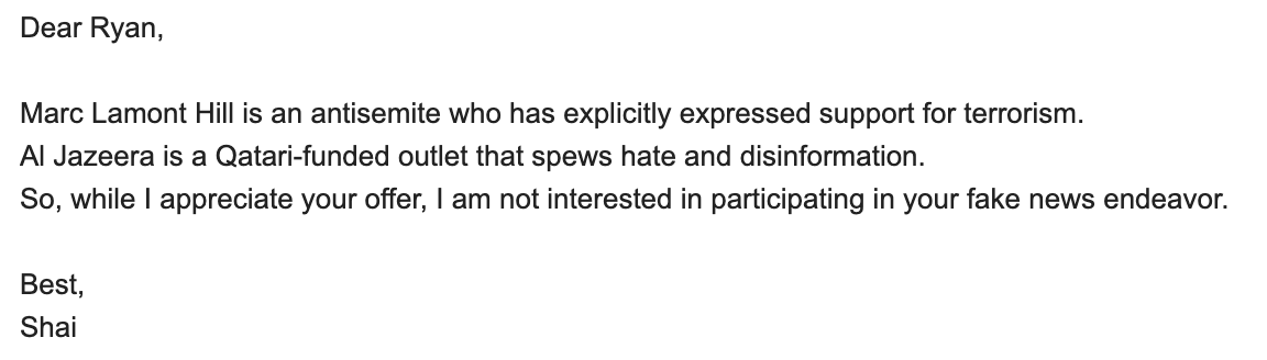 ShaiDavidai's tweet photo. I got invited to participate in a podcast on @AJEnglish with @marclamonthill. 

Below is my response. 

Stop normalizing hate. https://t.co/1swrfBEzIg