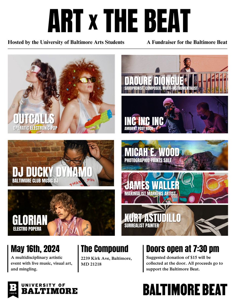 Students in the Arts Production and Management program will lead a fundraising event for @baltbeat this Thursday, May 16 at 7:30 p.m. at The Compound, a live music venue located at 2239 Kirk Ave. Learn more: baltimorebeat.com/university-of-… #UBalt