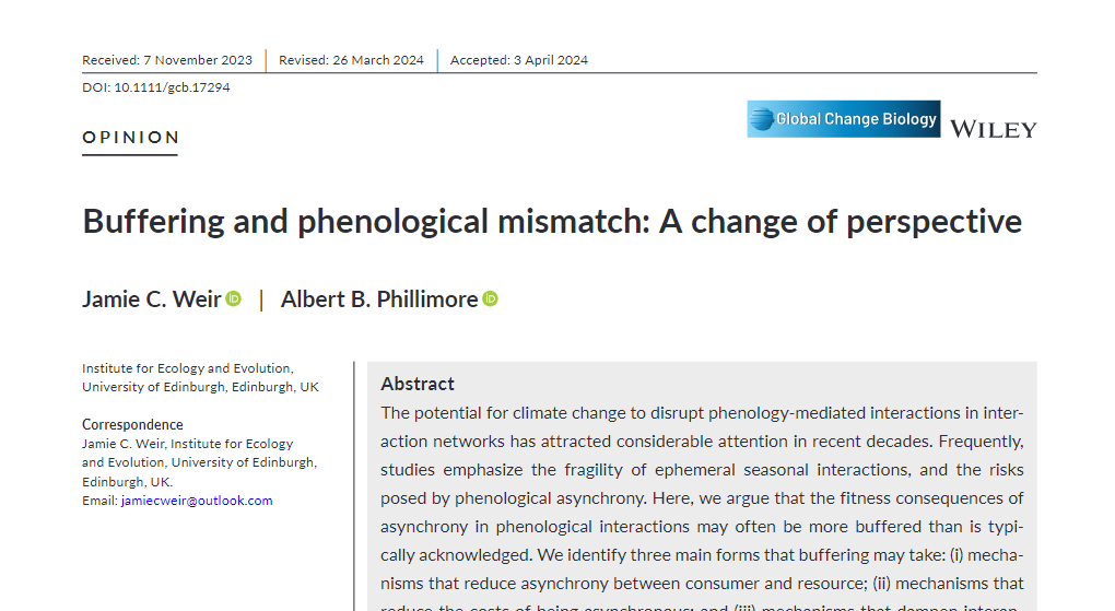 Jamie C. Weir (@jamie_c_weir) on Twitter photo 🚨New Paper Out Now🚨
onlinelibrary.wiley.com/doi/10.1111/gc…
In <a href="/GlobalChangeBio/">Global Change Biology</a> from myself and @AlbertPhillimo2, <a href="/SBSatEd/">Biological Sciences | University of Edinburgh</a>.
Ongoing seasonal shifts bring with them the serious risk of phenological #asynchrony and trophic #mismatch.
But some species are more resilient than others… 1/10 🧵 🚨New Paper Out Now🚨
onlinelibrary.wiley.com/doi/10.1111/gc…
In <a href="/GlobalChangeBio/">Global Change Biology</a> from myself and @AlbertPhillimo2, <a href="/SBSatEd/">Biological Sciences | University of Edinburgh</a>.
Ongoing seasonal shifts bring with them the serious risk of phenological #asynchrony and trophic #mismatch.
But some species are more resilient than others… 1/10 🧵