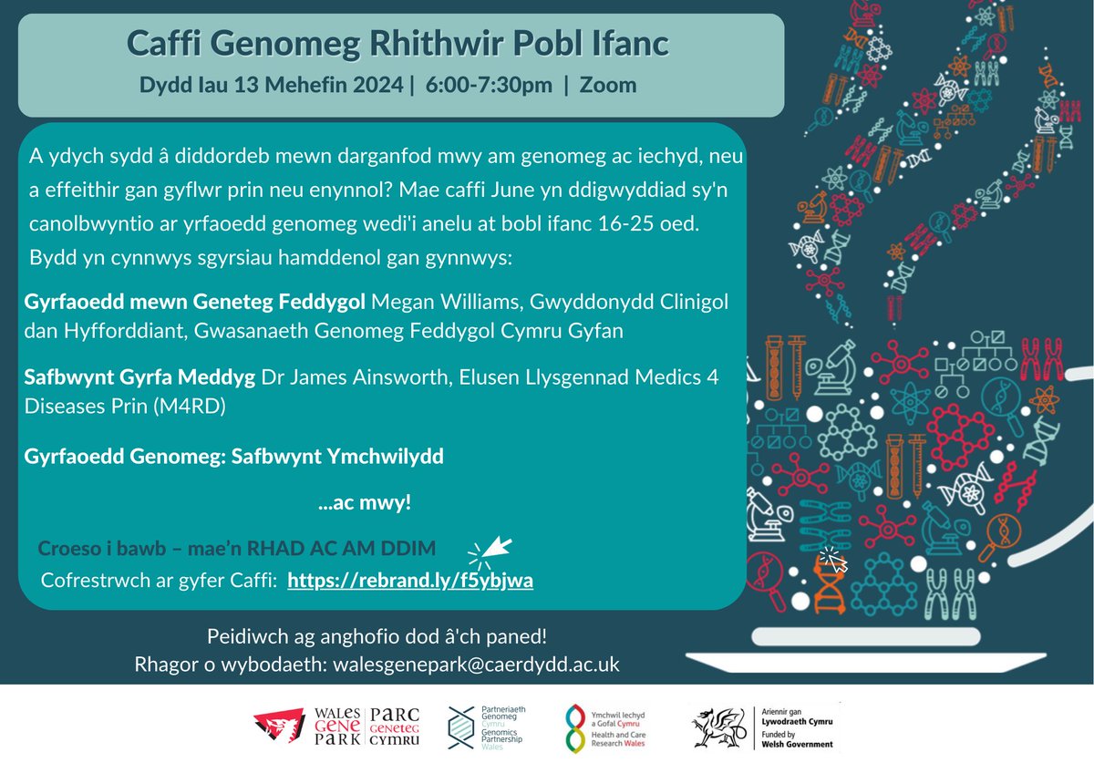 📢Registration is now open for our next Young People's Genomics Café!📢Join us online on Thurs 13th June 6:00-7:30pm for a range of genomics related career talks from a doctor, trainee clinical scientist and a genomics researcher! Book your place here: rebrand.ly/f5ybjwa 🧬