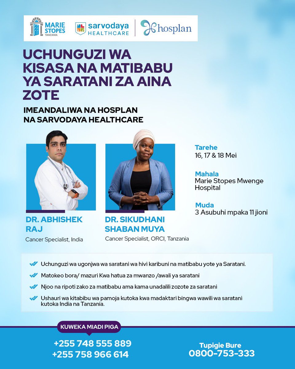 Marie Stopes Mwenge, tunawaletea Kambi ya madaktari bingwa kutoka India wa Magonjwa ya Saratani za aina zote. Ni kuanzia tarehe 16, 17 na, 18 Mei- 2024, saa tatu asubuhi hadi saa 11 jioni Kuweka miadi au kupata maelezo zaidi tupigie 0800753333 au 0758966614 #saratani #cancer