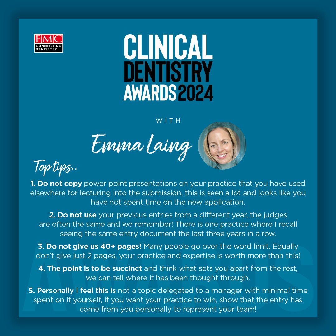 Top Tip Tuesday with Emma Laing🎖️ Drawing from her extensive knowledge and experience, Emma shares her top pieces of advice for submitting an outstanding entry. Find out more information or register your place today👇 dentistry.co.uk/awards/clinica… #clinicaldentistry