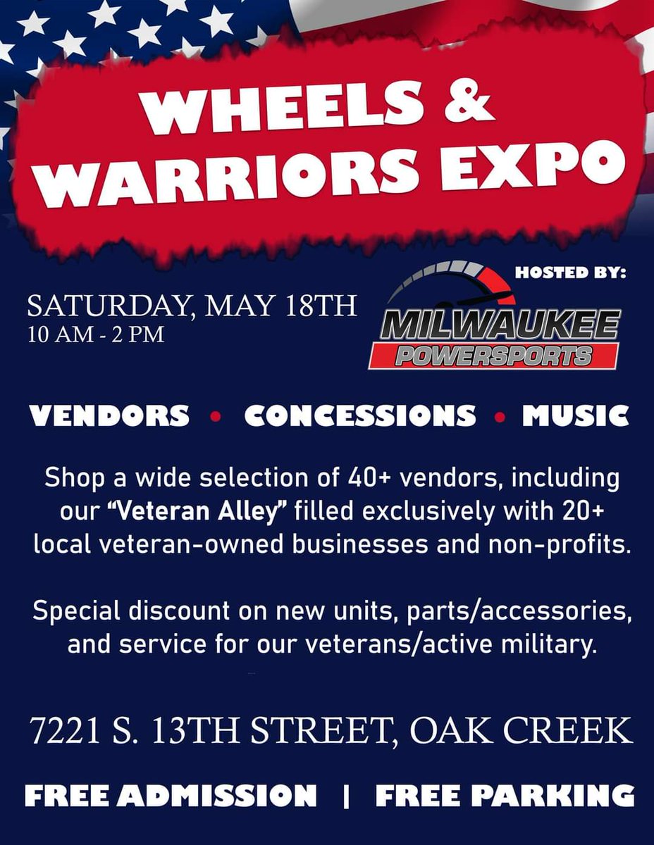 Don't forget to join us this Saturday, May 18th at Milwaukee PowerSports Wheels & Warriors Expo. The event runs from 10am-2pm. There will be vendors, concessions, and music. #veterans #concessions #veteranowned #VeteranResources #music #oakcreekwi