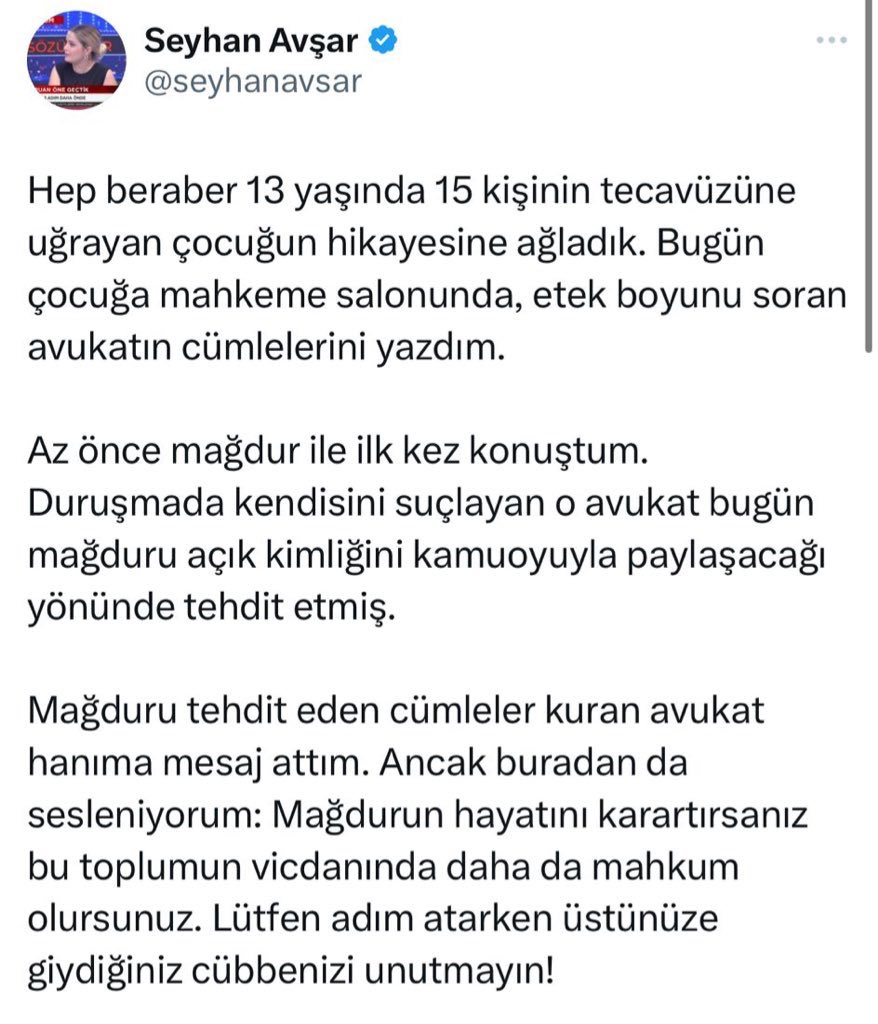 🔴Gazeteci Seyhan Avşar, sanıkların avukatı Gülsün Doygun’un, tecavüz mağduru çocuğu tehdit ettiğini açıkladı.