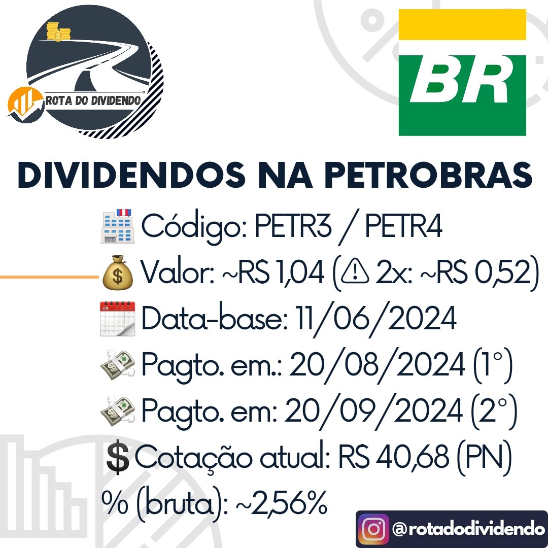 RotadoDividendo's tweet photo. #PETR4 #PETR3: INFORMAÇÃO DE PROVENTOS DA PETROBRAS
Aprovado novo pagamento de proventos via JCP e Dividendos com valor de R$ ~1,04, parcelado em 2 vezes (R$ ~0,52). Data com dia 11/06/24 e Pagamentos em 20/08 e 20/09/24. #petrobras #dividendos https://t.co/7q3sN27oG7
