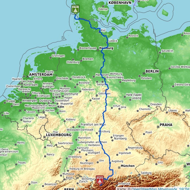 Sommer 2025

-> ca. 1500 Kilometer 
-> Oberstdorf im Allgäu bis List auf Sylt 
-> Alles zu Fuß
-> Ca. 75 Tage

Ich starte ein persönliches Projekt und versuche an meine körperlichen Grenzen zu gehen. Ich  möchte vom südlichsten Punkt Deutschlands bis zum nördlichsten Punkt