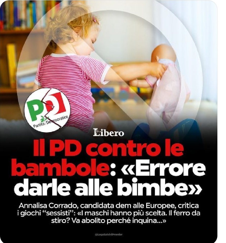 A parte l'intemerata sull'abolizione del ferro da stiro (perchè inquina) il @pdnetwork ora aborre le bambole per le bambine. Annalisa #Corrado, candidata alle europee, sostiene che sia un errore e che i maschi abbiano più scelta. Regaliamo soldatini anche alle femminucce?