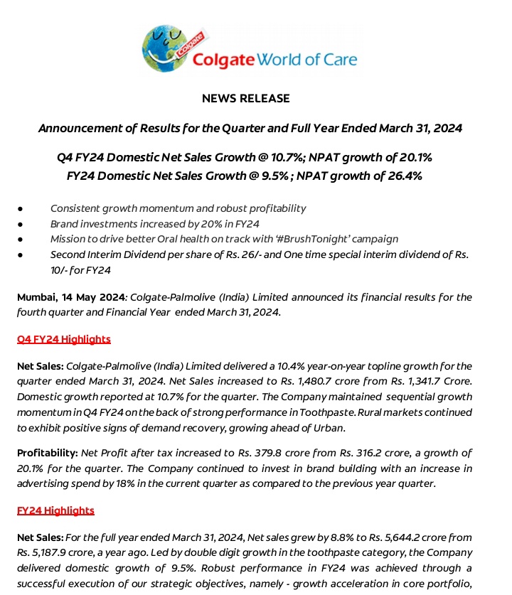 Colgate Palmolive
 Declared Second #InterimDividend of Rs. 26/  equity 
share  and One-time #SpecialDividend 
of Rs. 10/Share on account of an excellent 
performance of the Company during the Financial Year 2023-24.
#COLGATE 
#COLPAL