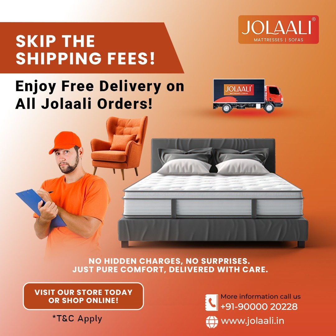 Sweet dreams delivered straight to your door.All Jolaali orders now come with complimentary delivery, making your journey to a perfect night's sleep even smoother.

#JolaaliLife #FreeDelivery #customsofamakers #bestmattressstoreinhyderabad #sofastylingtips #hotelmattress #Jolaali
