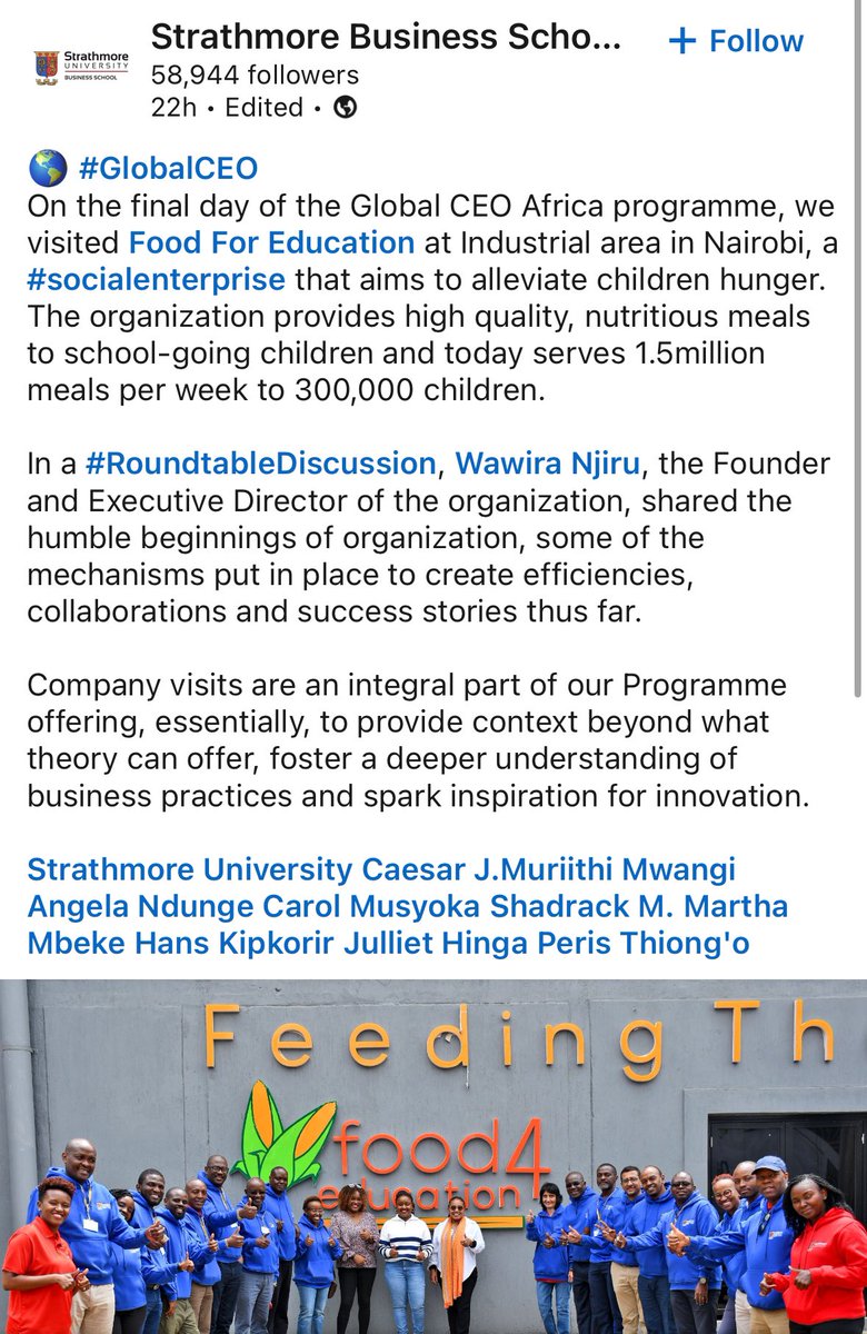 Our @Food4Education team was privileged to host the Global CEO program at @StrathU. It’s not every day that you host CEO’s of Africa’s largest companies to share how @Food4Education is using operational excellence to provide hundreds of thousands of meals every week.