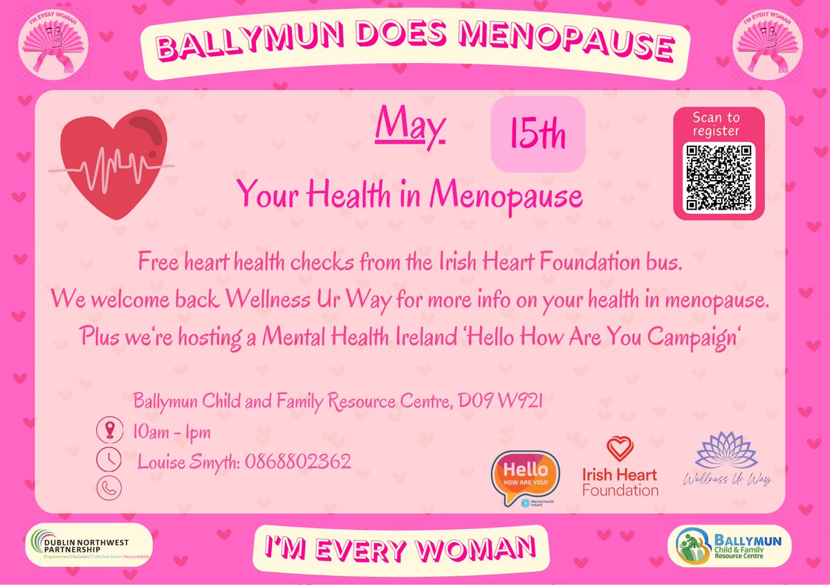 There's still time to BOOK your place to celebrate #BallymunDoesMenopause and so many other things along with @DNPartnership Wellness Ur Way @Irishheart_ie and Supporting @MentalHealthIrl #HelloHowArwYou campaign TOMORROW from 10-1pm ♀️

#CallToday #familyresourceirl