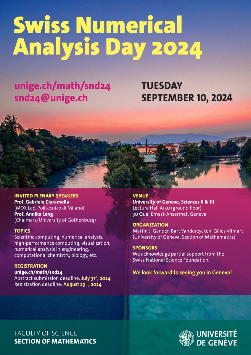 📢 Registration open for the Swiss #NumericalAnalysis Day 2024.

📌 @unige_en 
🗓️10 September 
ℹ️ Abstract submission deadline: 31 July   
Registration deadline: 29 August 
👉 tinyurl.com/4p5czhms

#ScientificComputing 
#computing
#ComputationalChemistry
#ComputationalBiology