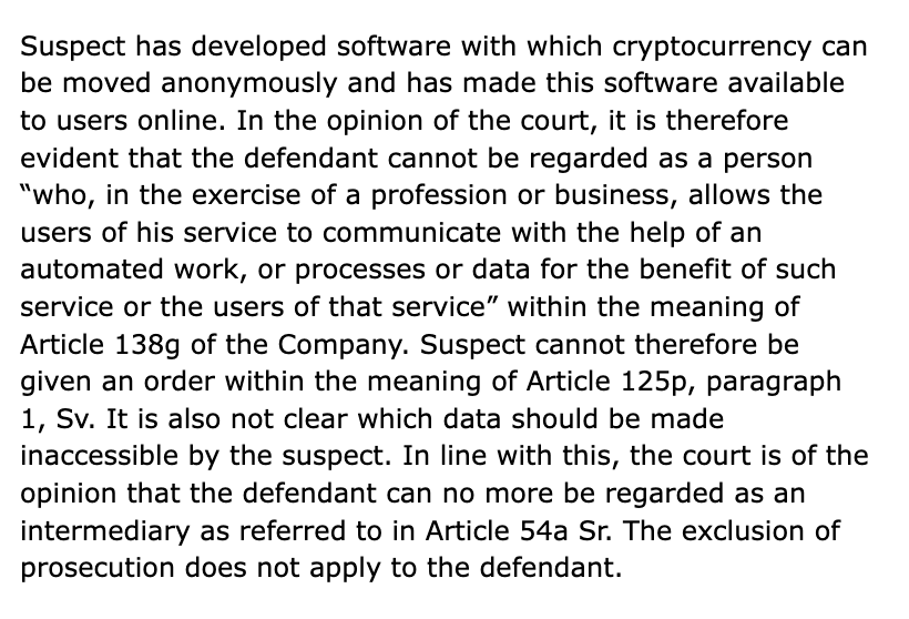 The entire Tornado Cash verdict is completely insane and will turn the legality of building any privacy service on its head.🧵 1.Open-source devs building non-custodial tools can be held responsible for criminal activity when crim. actors cannot be stopped or deanonymized👇