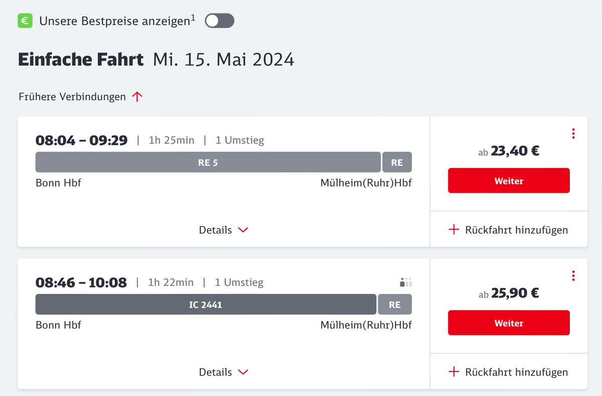 Bahnfahren in Deutschland ist, wenn man ohne Deutschlandticket für die Fahrt von Bonn nach Mülheim an der Ruhr mit dem IC drei Minuten weniger Fahrtzeit hat, als mit dem Nahverkehrszug, aber 10% mehr Fahrpreis zahlt.
#DB 🤍

Besser #Mit49EuroUmDieWelt.