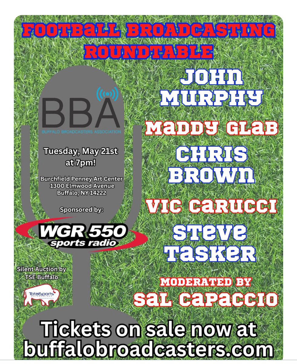 This is a great event May 21 put on by the Buffalo Broadcasters Association, - get your tickets on their website. This will be a lot of fun! <a href="/MadGlab/">Maddy Glab</a> <a href="/viccarucci/">Vic Carucci</a> <a href="/SteveTasker89/">Steve Tasker</a> <a href="/ChrisBrownBills/">Chris Brown</a> <a href="/SalSports/">Sal Capaccio 🏈</a> <a href="/WGR550/">WGR 550</a> #billsmafia