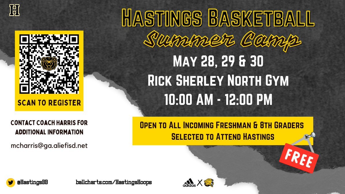 1⃣4⃣ Days till Camp 🏀Hastings Basketball Camp🆓🆓 🗓️May 28, 29 & 30 🕙10:00 AM-12:00 PM 📍Rick Sherley North Gym 🐻Open to ALL incoming 9th & 8th Grade Boys selected to attend Hastings 🚨Register by scanning QR Code of link rb.gy/3ojt0