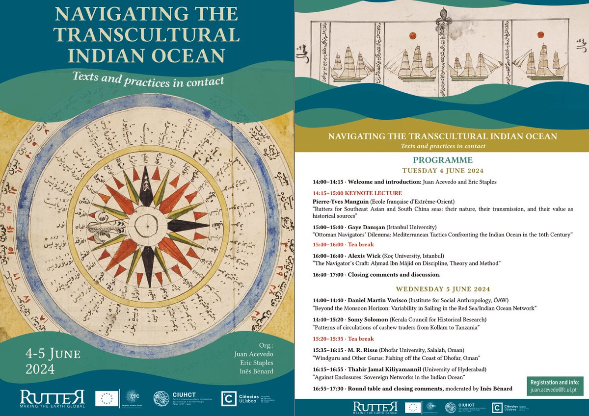 2nd edn of our #IndianOcean #navigation workshop starts in 3 weeks! 
Two afternoons online (Zoom), pls email to register, free! Great line-up w/@Ines_benardc @EFEO_Paris 
#HistSci @ErcRutter @ERC_Research #IOW 
rutter-project.org/navigating-the…