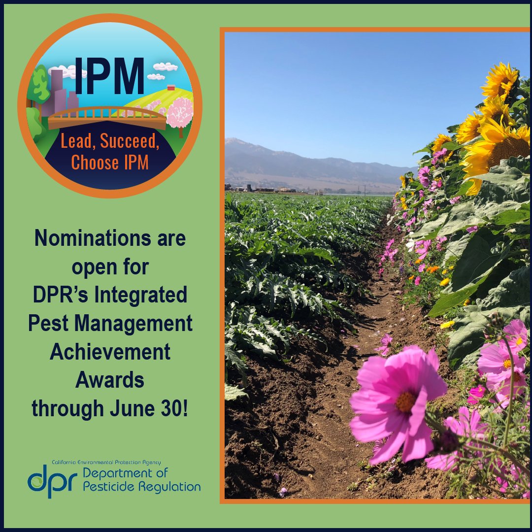 📣 Nominations for DPR’s 2024 Integrated Pest Management (IPM) Achievement Awards are now open! Do you know of an organization or individual who excels in implementing and promoting IPM in California? Consider nominating them by June 30: apps.cdpr.ca.gov/docs/pestmgt/i…