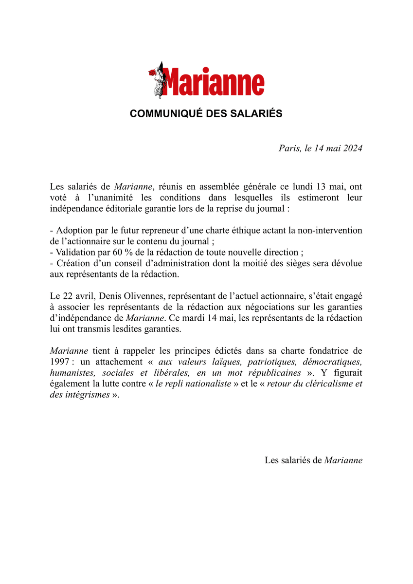 Un communiqué des salariés de <a href="/MarianneleMag/">Marianne</a>.