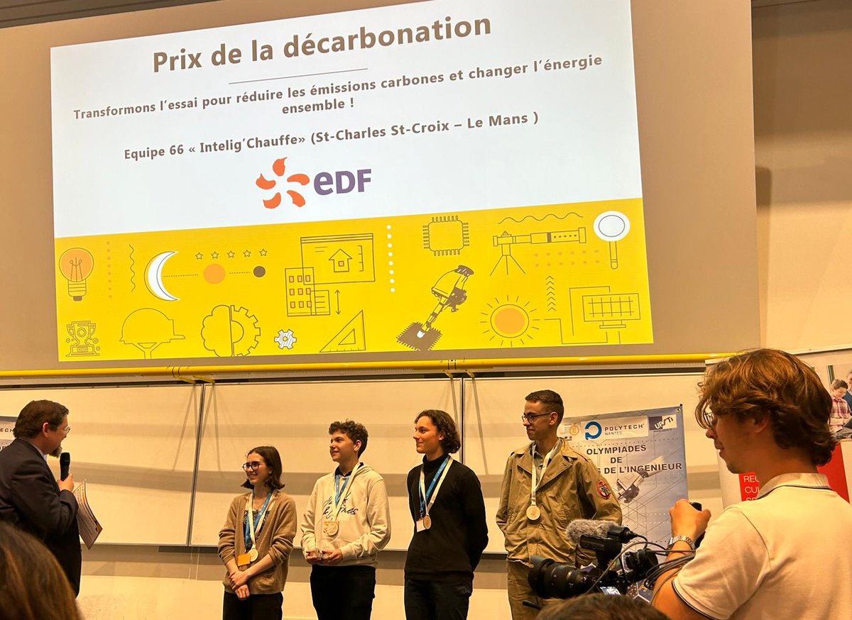 Un grand bravo 👏👏 aux élèves du lycée St Charles-Ste Croix du Mans, qui remportent le Prix de la décarbonation lors de la finale académique des ᴏʟʏᴍᴘɪᴀᴅᴇs ᴅᴇs sᴄɪᴇɴᴄᴇs ᴅᴇ ʟ'ɪɴɢᴇɴɪᴇᴜʀ !
On a besoin d'idées neuves pour lutter contre le réchauffement climatique !