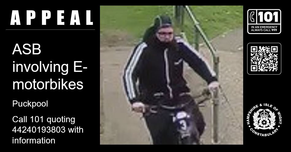Police have been responding to reports of anti-social behaviour involving electric motorbikes being ridden dangerously in the #Puckpool area. Can you help with our appeal? Full details here >>> orlo.uk/E53yU