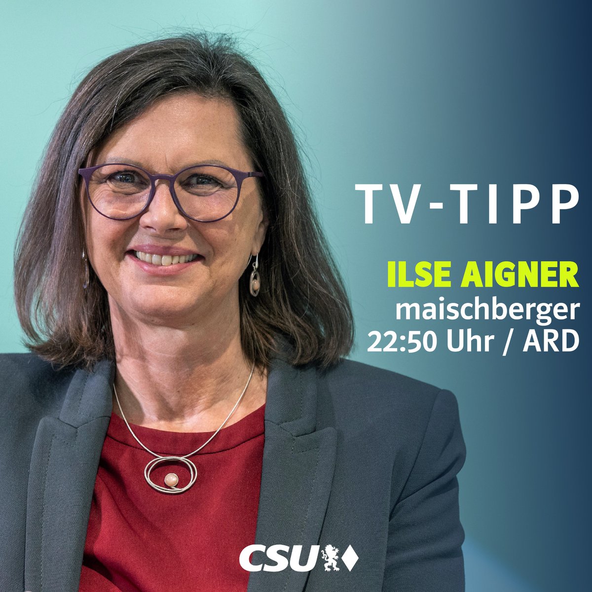 📺 TV-Tipp: Heute Abend um 22:50 Uhr ist Landtagspräsidentin @IlseAigner zu Gast bei „maischberger“ in der ARD. Thema der Sendung: „Streit um Sozialleistungen und Angriffe auf die Demokratie.“