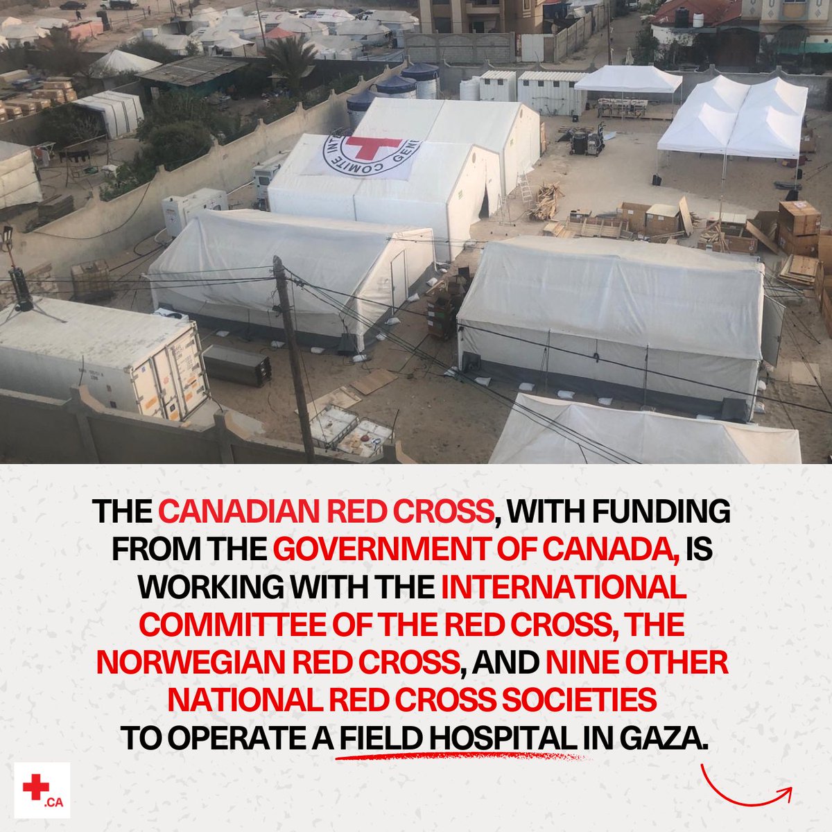 (2/6) The Canadian Red Cross, together with the @ICRC, the Norwegian Red Cross (@rodekorsnorge), and nine other National Red Cross Societies, has opened a field hospital in #Rafah to help address some of the overwhelming medical needs.