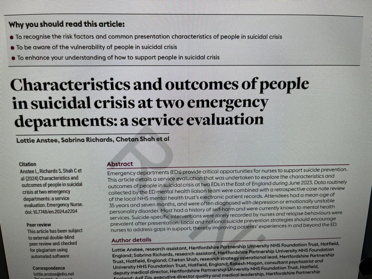 Our <a href="/HPFT_NHS/">Hertfordshire Partnership University NHS FT (HPFT)</a> evaluation of services theme continues with this recent publication. This is the first publication on implementation of suicide prevention pathway in Herts. <a href="/karentaylor_knt/">Karen Taylor 💙</a> <a href="/sandrabrookes5/">Sandra Brookes</a> <a href="/rcpsych/">Royal College of Psychiatrists</a>