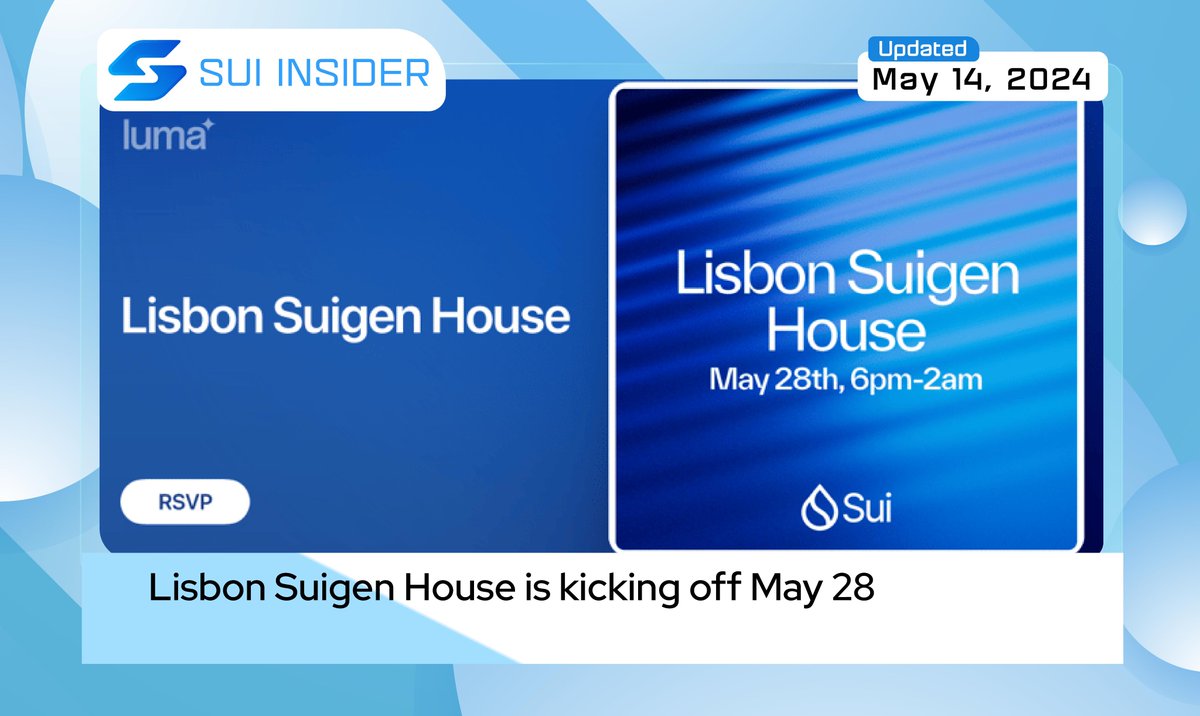 Lisbon's #Suigen House is set to kick off on May 28! Are you ready for cozy conversations, delicious dinners, and positive vibes surrounding the remarkable @SuiNetwork community? Secure your slot now: lu.ma/suigenlisbon. #SUI $SUI