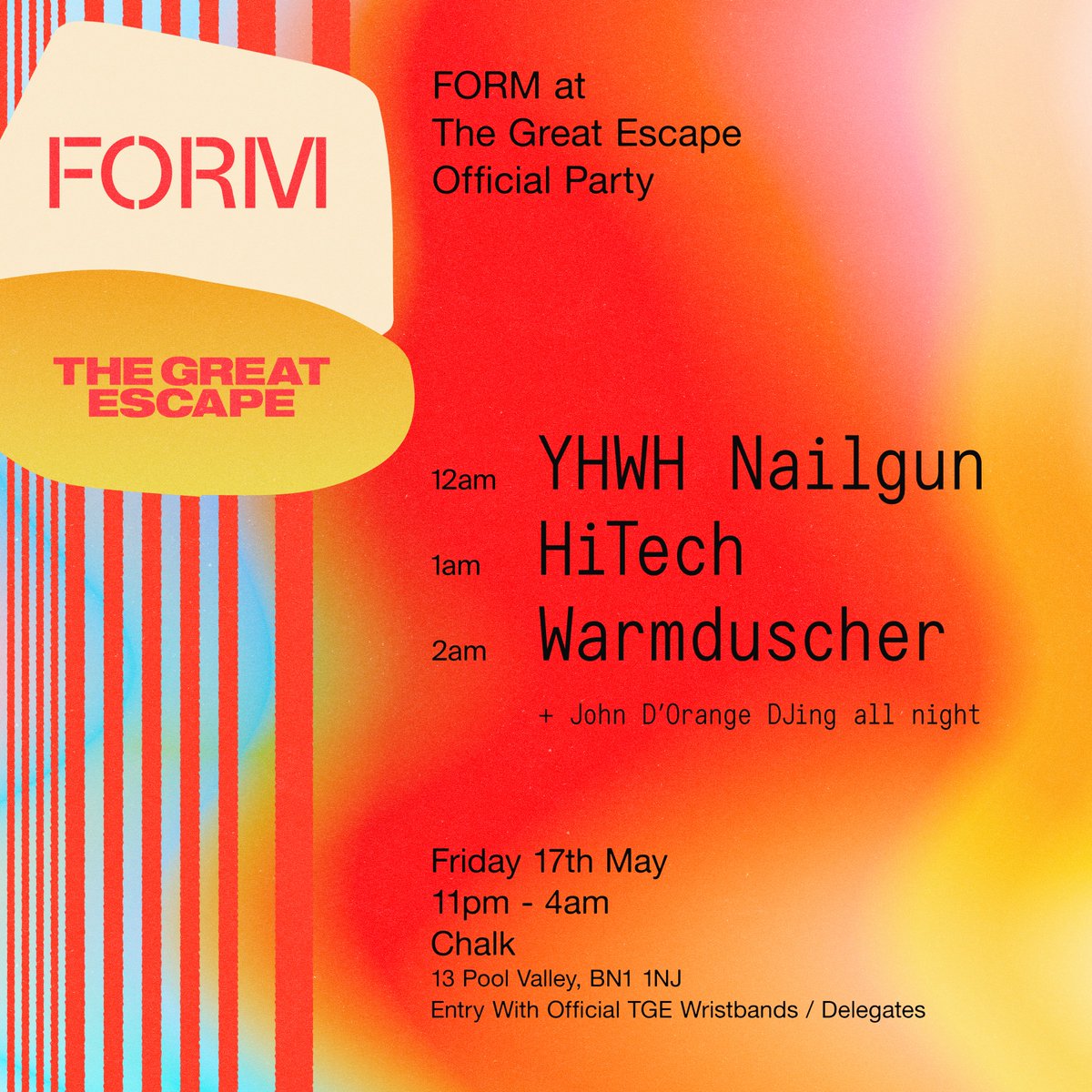Announcing our official Great Escape late night party at Brighton’s best live music venue @chalkvenue (entry with official TGE wristbands / delegate passes) with three very exciting performances from YHWH Nailgun (who blew us away at SXSW), HiTech and the ever incredible
