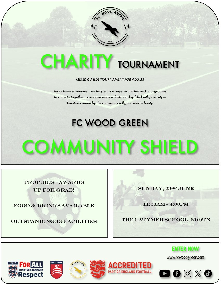 FC WOOD GREEN (@fcwoodgreen) on Twitter photo UPDATE:
IT IS ANNOUNCED THAT FC WOOD GREEN WILL BE HOSTING A CHARITY FOOTBALL TOURNAMENT FOR ADULTS (MIXED).
TO ENTER A TEAM CLUB/TEAM, PLEASE REGISTER ONLINE VIA THE CLUB WEBSITE 👇
FCWOODGREEN.COM
<a href="/findmeaplayer/">Find Me A Player</a> <a href="/matchark_uk/">Matchark: Find Players & Clubs</a> @PTeamfinder <a href="/NonLeagueGuys/">The Non League Promoters</a> UPDATE:
IT IS ANNOUNCED THAT FC WOOD GREEN WILL BE HOSTING A CHARITY FOOTBALL TOURNAMENT FOR ADULTS (MIXED).
TO ENTER A TEAM CLUB/TEAM, PLEASE REGISTER ONLINE VIA THE CLUB WEBSITE 👇
FCWOODGREEN.COM
<a href="/findmeaplayer/">Find Me A Player</a> <a href="/matchark_uk/">Matchark: Find Players & Clubs</a> @PTeamfinder <a href="/NonLeagueGuys/">The Non League Promoters</a>
