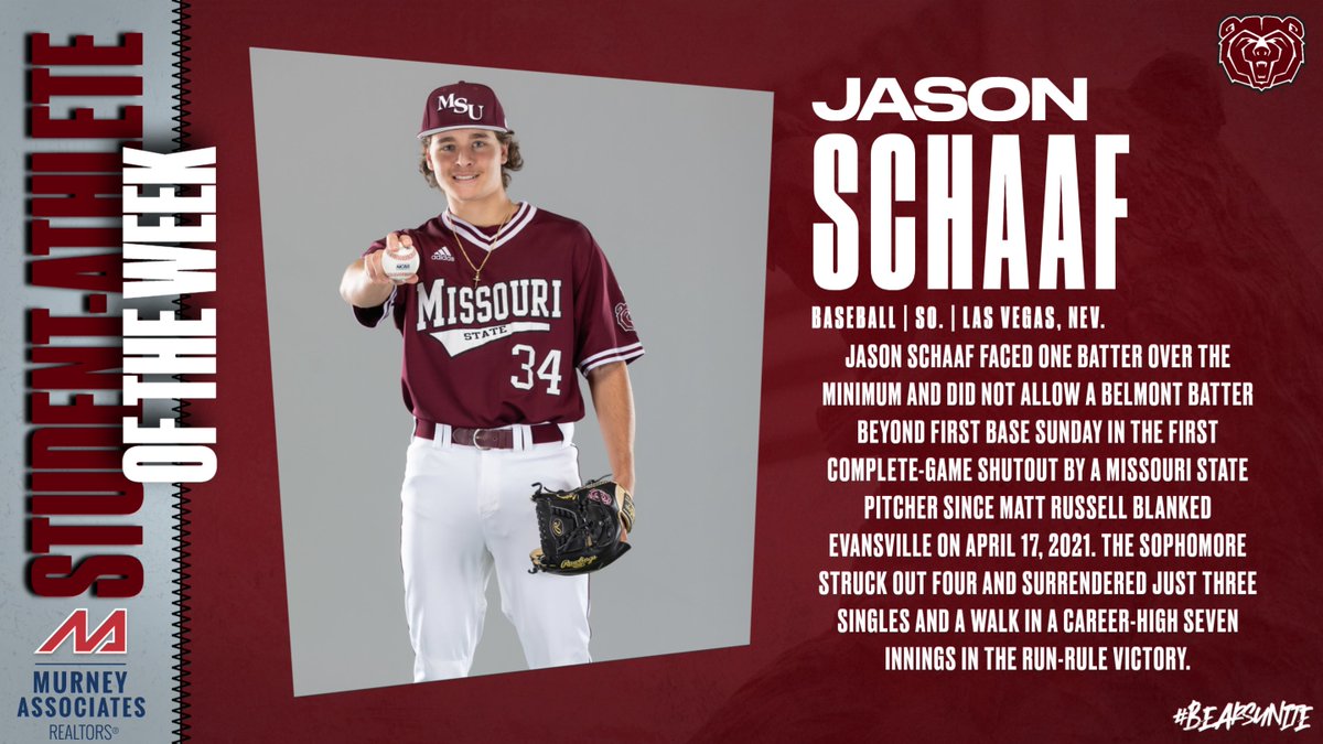 The MSU Athletics Student-Athlete of the Week presented by Murney Associates, Realtors is Jason Schaaf! 🐻 #BearsUnite | @MSUBearBaseball